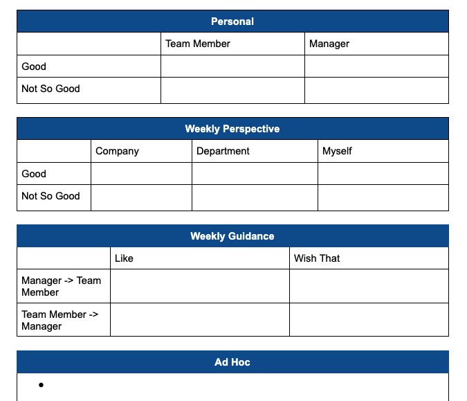 Personal, Weekly Perspective, Guidance Sections of the One-on-one template